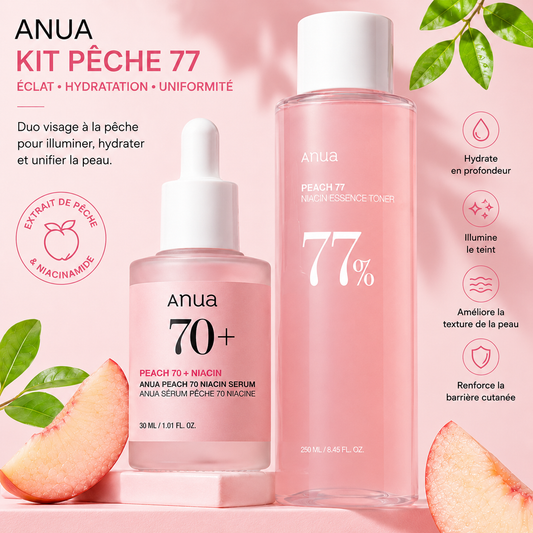 Kit Anua Peach Éclat & Hydratation – Toner 77% + Sérum 70 Niacin