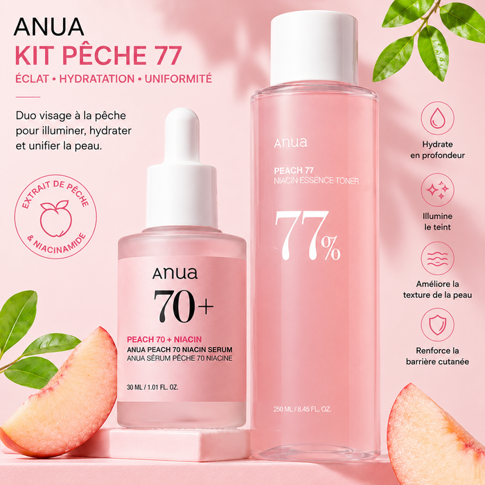 Kit Anua Peach Éclat & Hydratation – Toner 77% + Sérum 70 Niacin